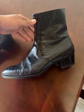 Saint Laurent Black Leather Ankle Boots with Croc Texture